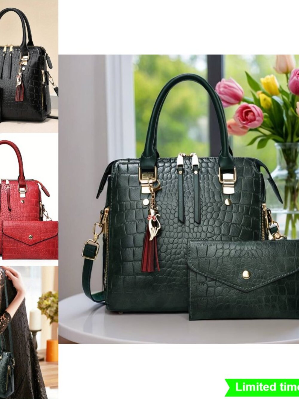 Fashion Crocodile Pattern Handbag 2Pc Set Shoulder Crossbody